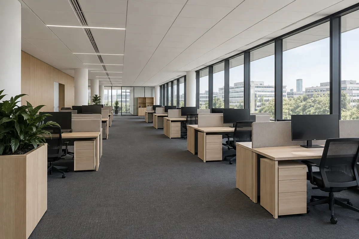 Plateau de bureaux ouvert vu en plan large, postes de travail alignés sous un plafond clair, lumière naturelle par de larges fenêtres