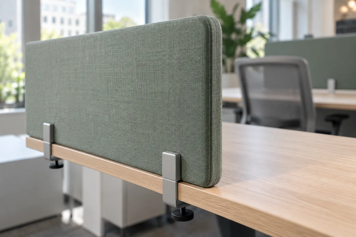 Cloisonnette acoustique textile fixée entre deux plans de travail dans un bureau ouvert, détail de la tranche et de la fixation