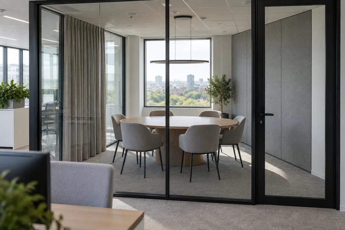 Salle de réunion vitrée fermée adjacente à un plateau ouvert, table vide, rideaux acoustiques repliés, lumière naturelle