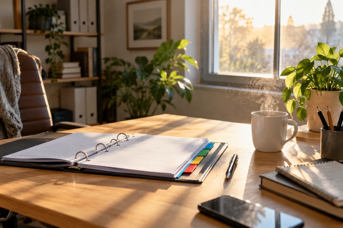 Classeur ouvert et tasse de café sur le bureau d&rsquo;une petite entreprise, lumière du matin