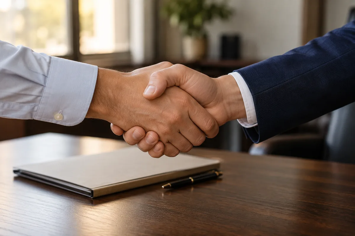 Poignée de main au-dessus d&rsquo;un bureau en bois, cadrage serré sur les mains