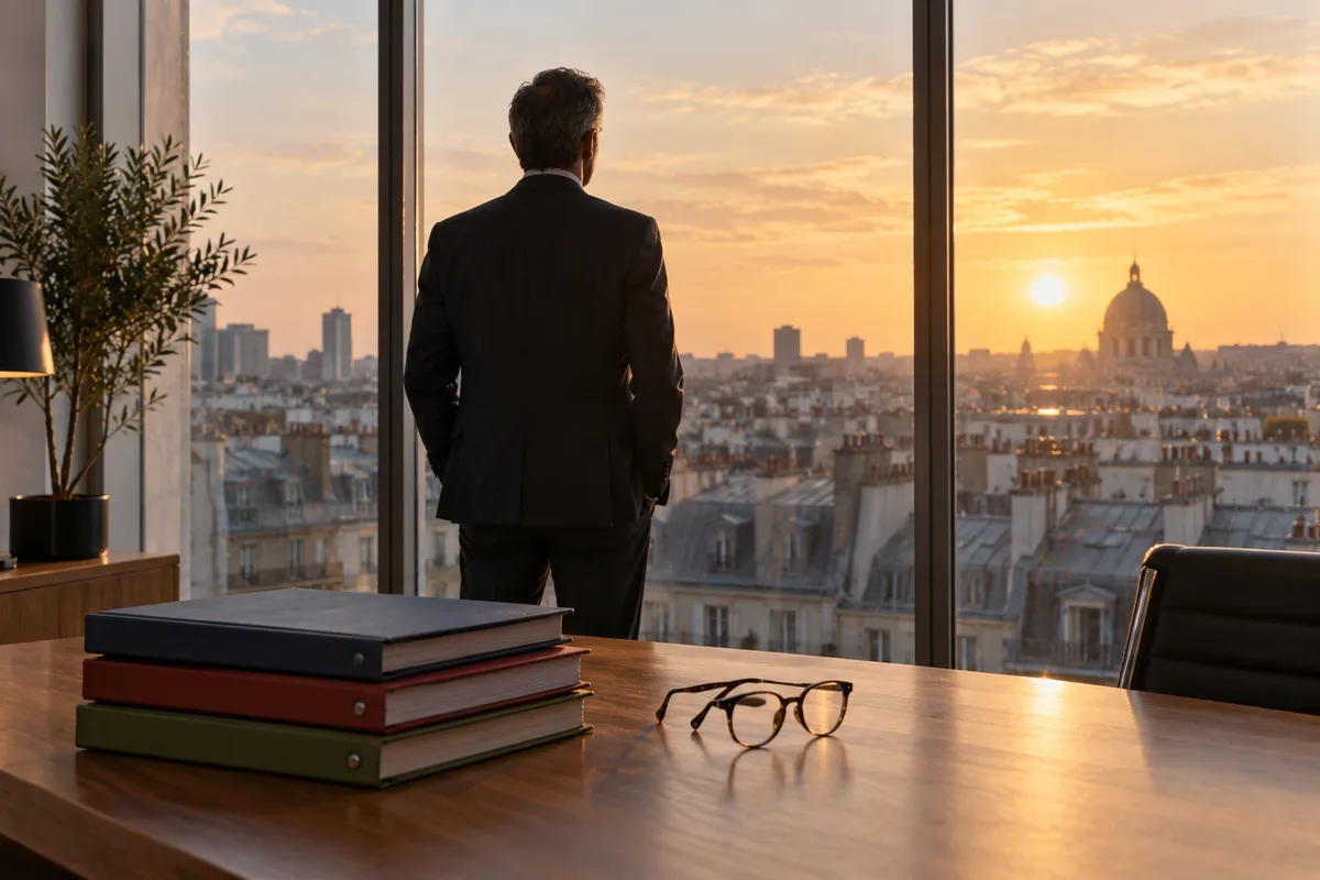 Dirigeant vu de dos face à la fenêtre d&rsquo;un bureau, dossiers cartonnés posés sur la table