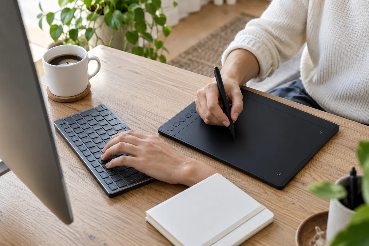 Mains posées sur un clavier et un stylet de tablette graphique dans un bureau lumineux