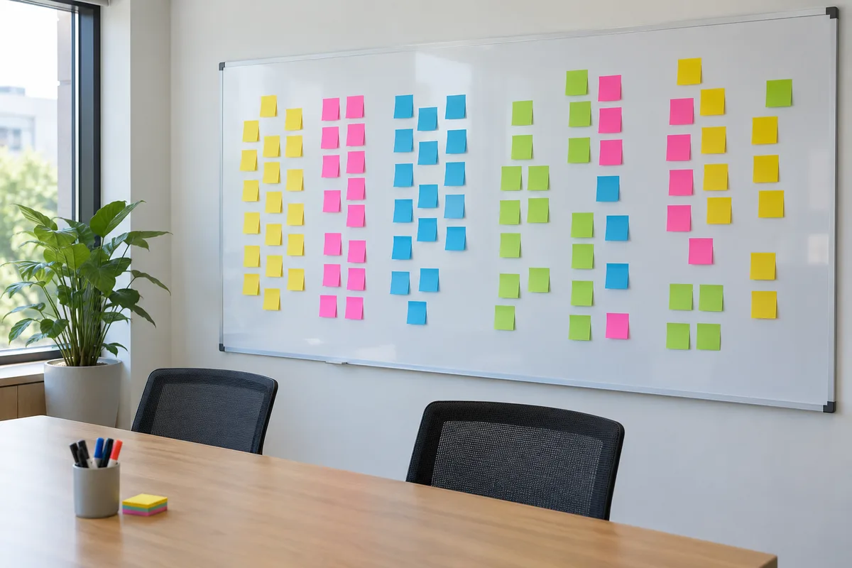 Tableau blanc couvert de post-it de couleurs unies vu de loin dans une salle de réunion vide