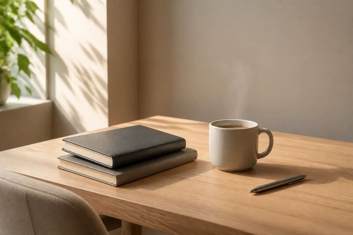 Deux carnets fermés empilés, un stylo et une tasse de café sur un plan de travail en bois clair