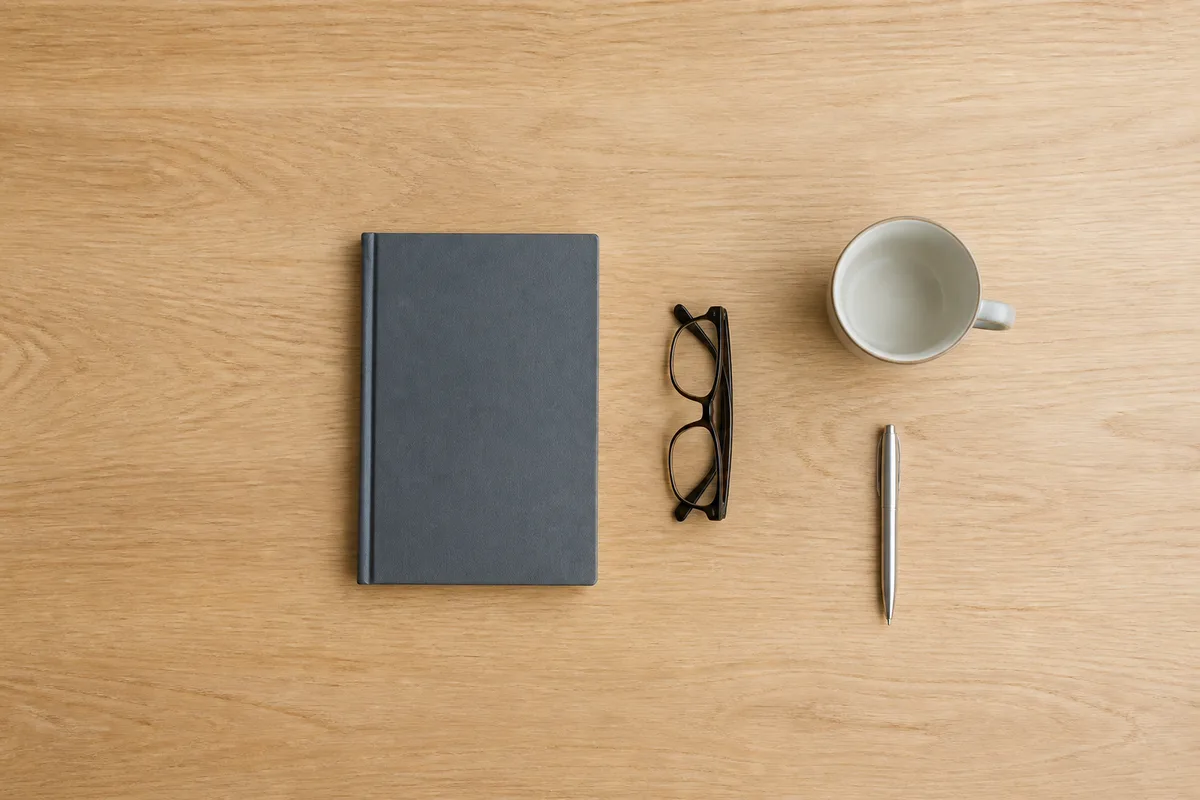 Vue de dessus d’un plan de travail en chêne clair avec un carnet fermé, des lunettes pliées et une tasse