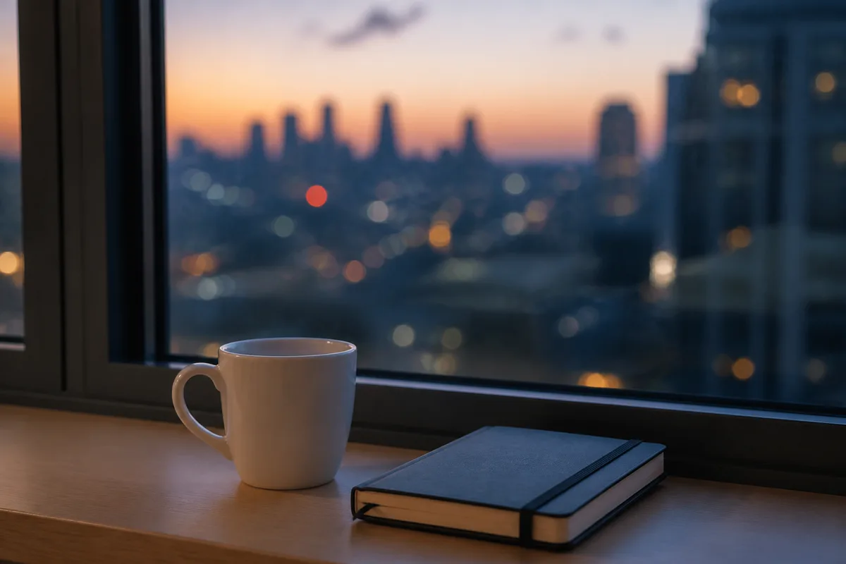 Fenêtre de bureau au crépuscule, une tasse et un carnet fermé posés sur le rebord au premier plan