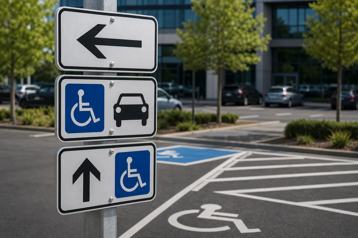 Panneaux de signalisation verticale indiquant les places visiteurs et le sens de circulation sur un parking d’entreprise
