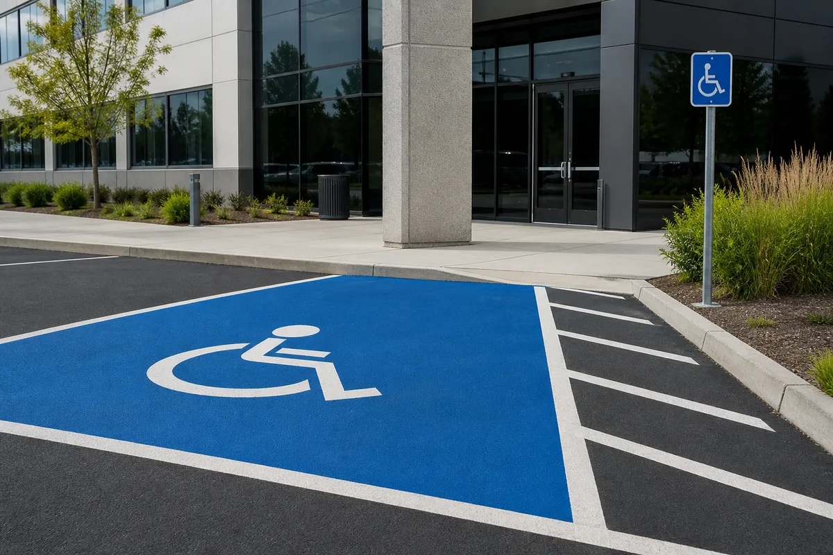 Place de stationnement PMR marquée en bleu avec pictogramme au sol et panneau réglementaire près de l’entrée d’un bâtiment
