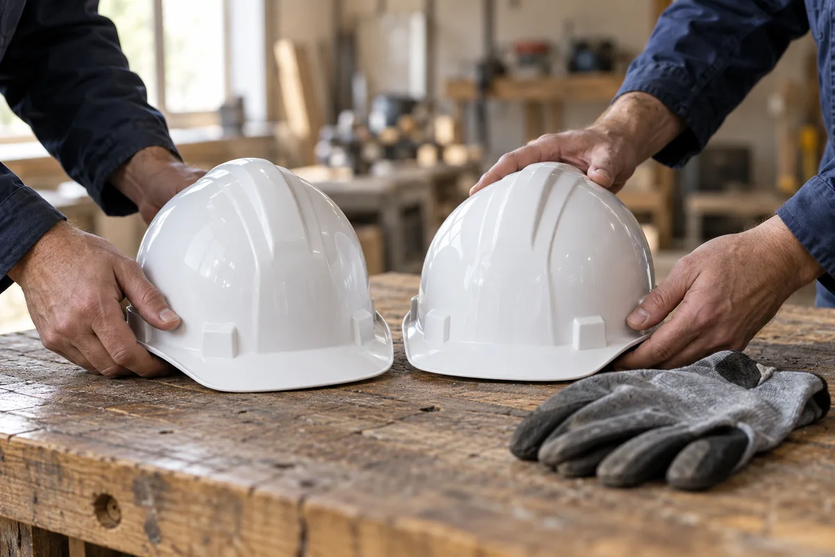 Deux paires de mains posant des casques de chantier blancs sur une table en bois