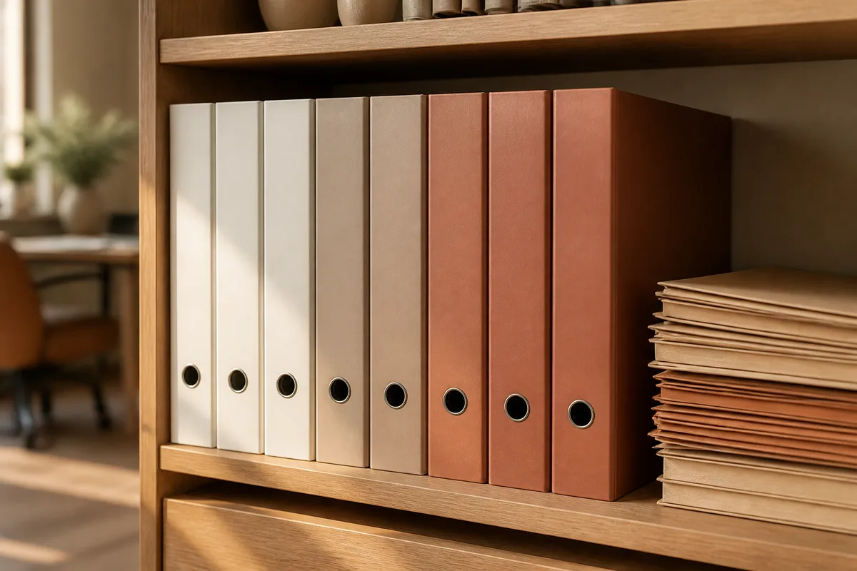 Classeurs de comptabilité et pochettes de factures rangés sur une étagère de bureau