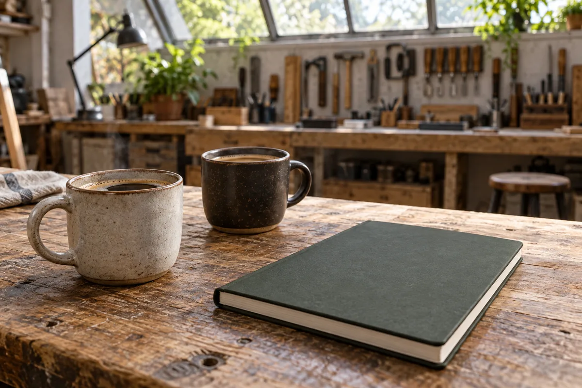 Deux tasses de café et un carnet fermé posés sur une table d&rsquo;atelier en bois