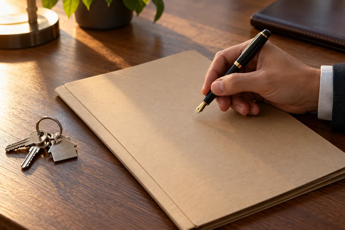 Main tenant un stylo-plume au-dessus d&rsquo;une chemise cartonnée fermée sur un bureau en bois