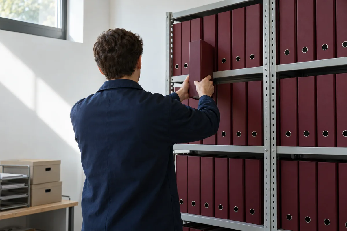 Personne de dos rangeant des classeurs bordeaux sur des rayonnages d&rsquo;archives