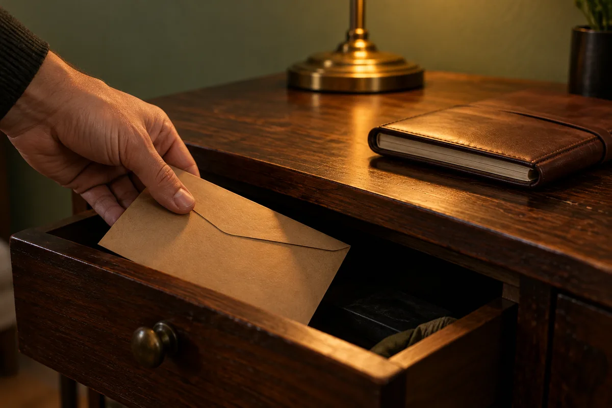 Main glissant une enveloppe kraft dans le tiroir d&rsquo;un bureau en bois foncé