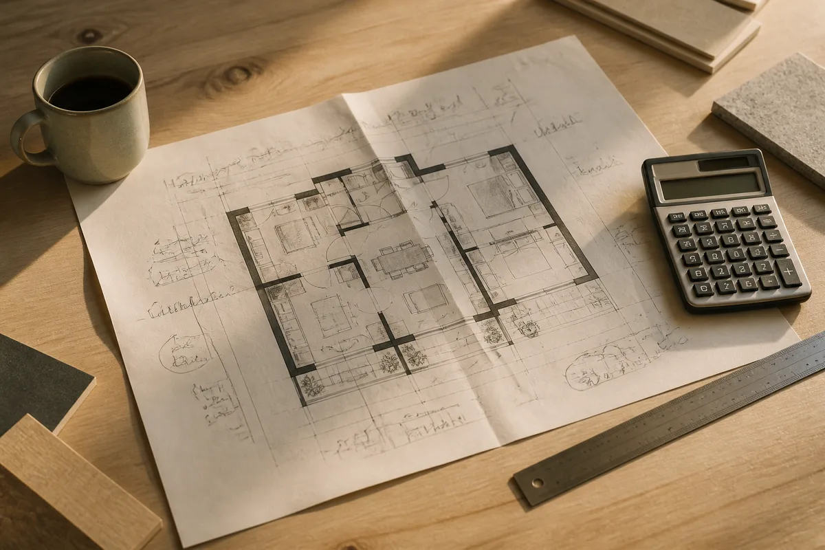 Plan de rénovation annoté et calculatrice posés sur une table de travail