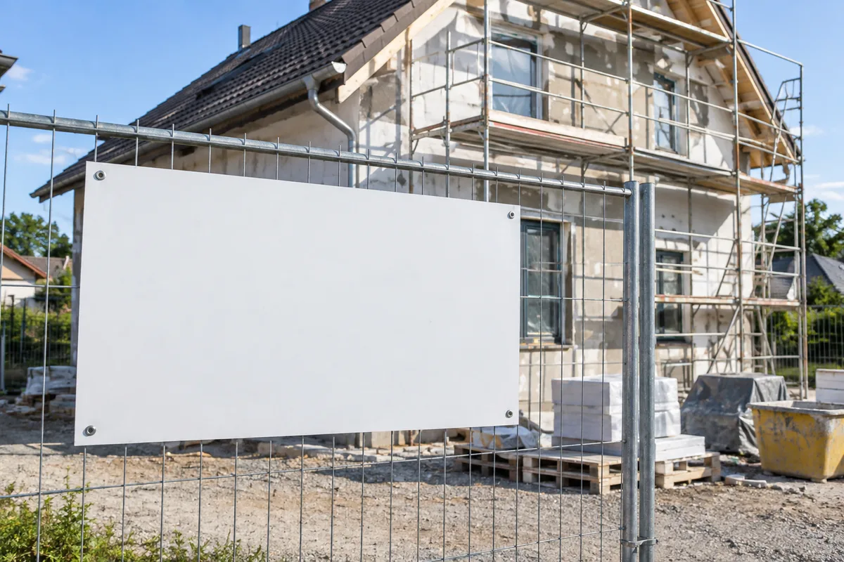 Panneau d&rsquo;affichage de chantier vierge fixé sur une clôture devant une maison en travaux