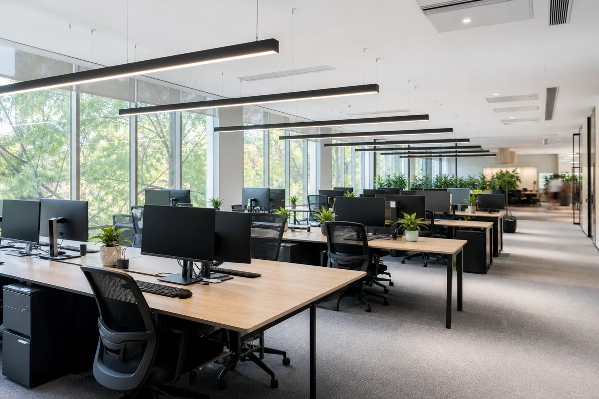 Bureau paysager lumineux avec luminaires LED encastrés au plafond et postes de travail équipés d&rsquo;écrans