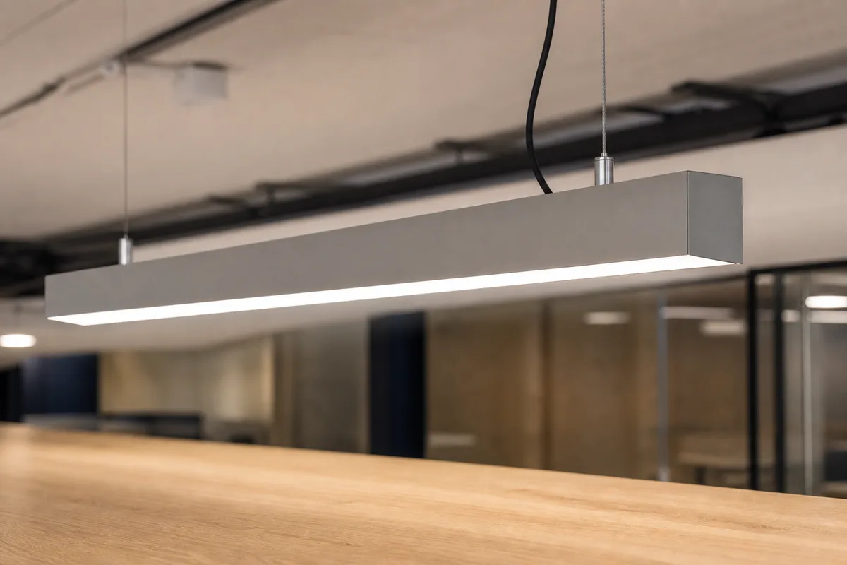 Détail d&rsquo;un luminaire LED linéaire suspendu au-dessus d&rsquo;un plan de travail avec câblage électrique apparent