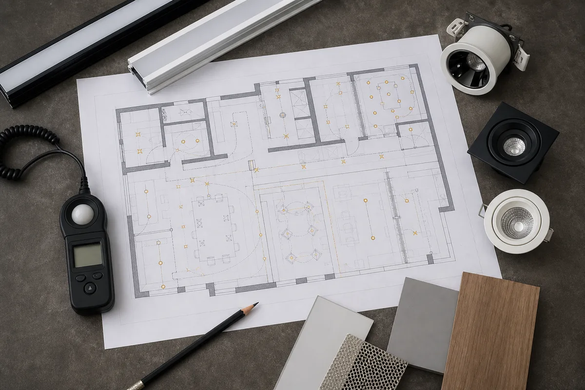 Plan d&rsquo;implantation d&rsquo;éclairage de bureau posé sur une table avec échantillons de luminaires et instruments de mesure