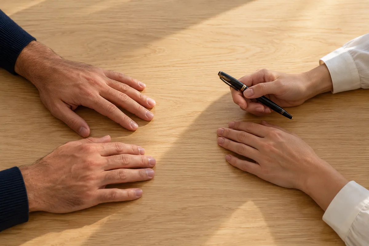 Mains posées sur une table de réunion en bois clair