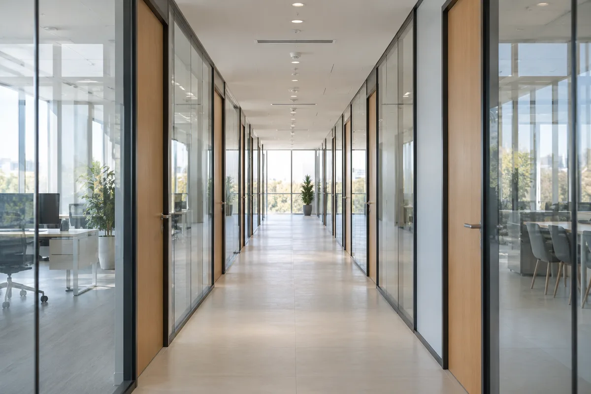 Couloir de bureaux vitré baigné de lumière naturelle