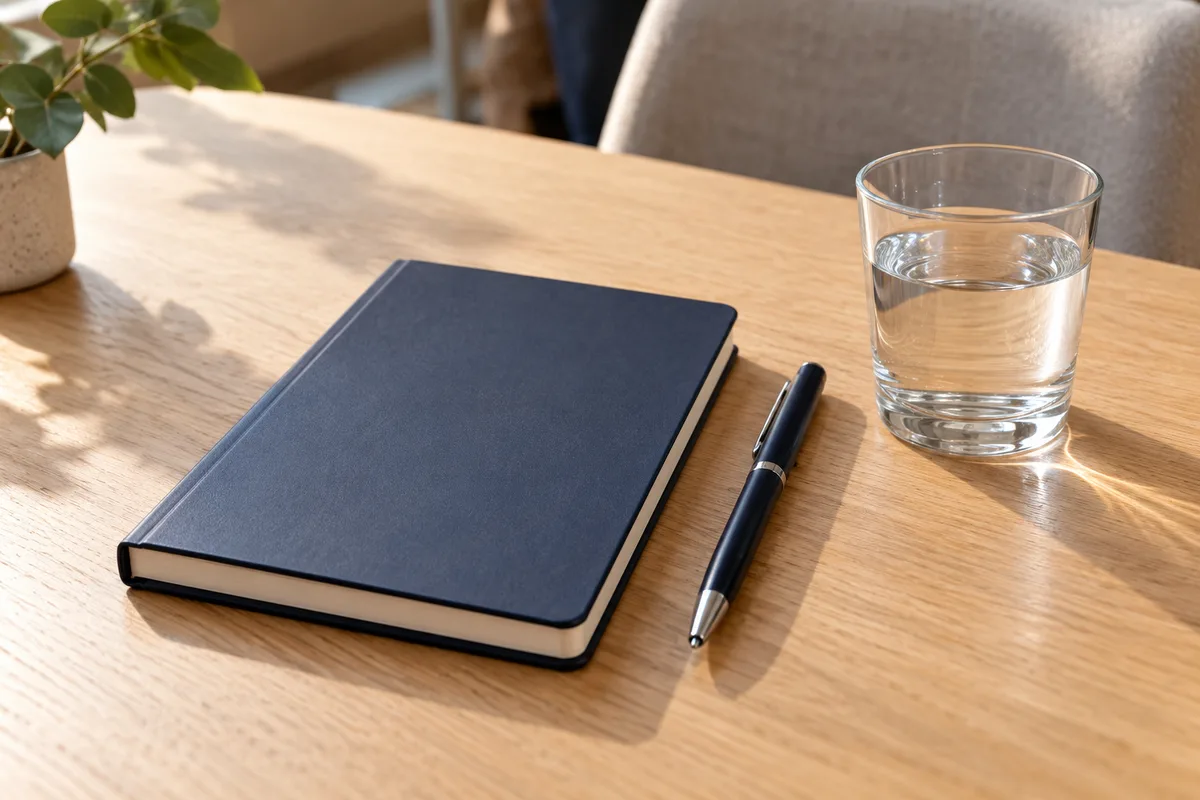 Carnet fermé et stylo sur une table de bureau