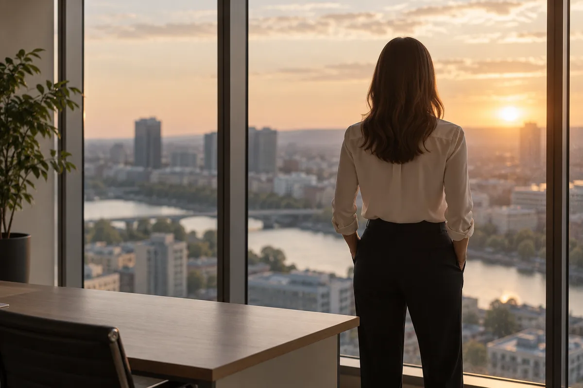 Personne de dos devant une fenêtre de bureau