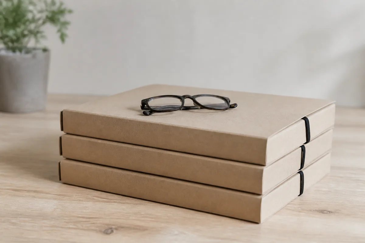 Pile de dossiers cartonnés fermés à sangle avec une paire de lunettes posée dessus