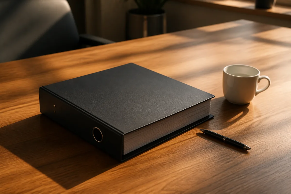 Classeur à levier fermé, stylo et tasse sur un plan de travail en bois, lumière rasante de fin d&rsquo;après-midi