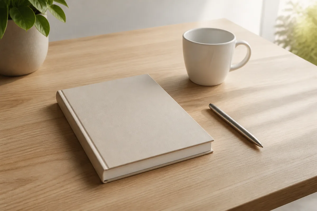 Mains d&rsquo;adulte posant une enveloppe blanche fermée sur un plan de travail en bois clair