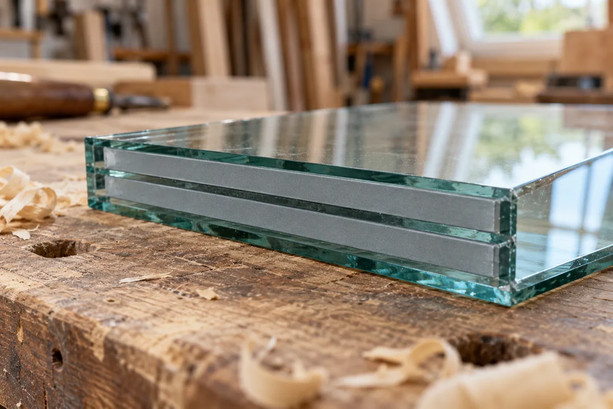 Coupe d&rsquo;un vitrage triple posée sur un établi en bois, tranche visible avec ses trois verres et ses intercalaires gris