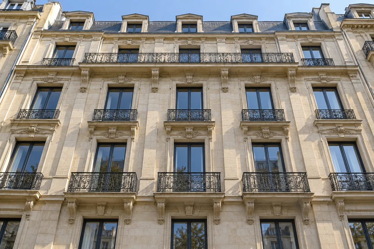 Façade d&rsquo;immeuble ancien en pierre claire vue d&rsquo;en bas, avec des fenêtres neuves aux cadres en aluminium gris anthracite