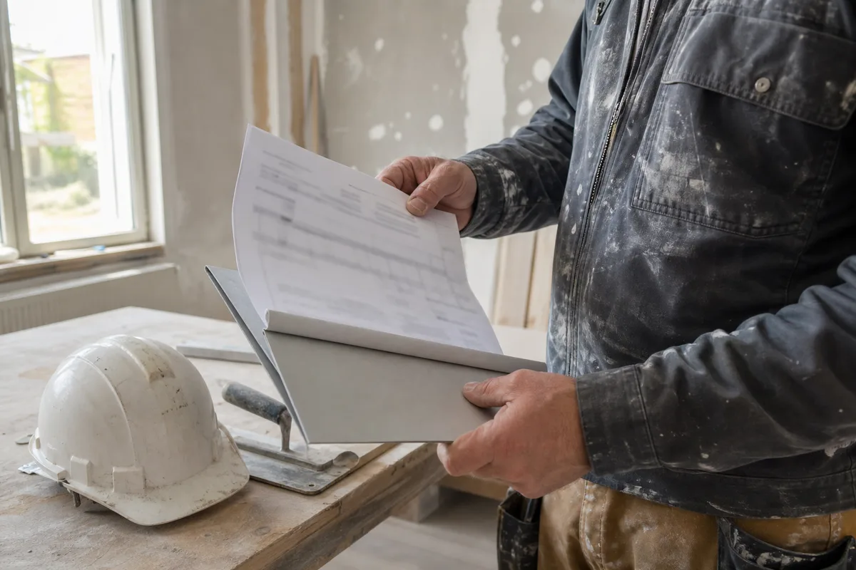 Artisan du bâtiment vérifiant des documents d’assurance sur un chantier de rénovation