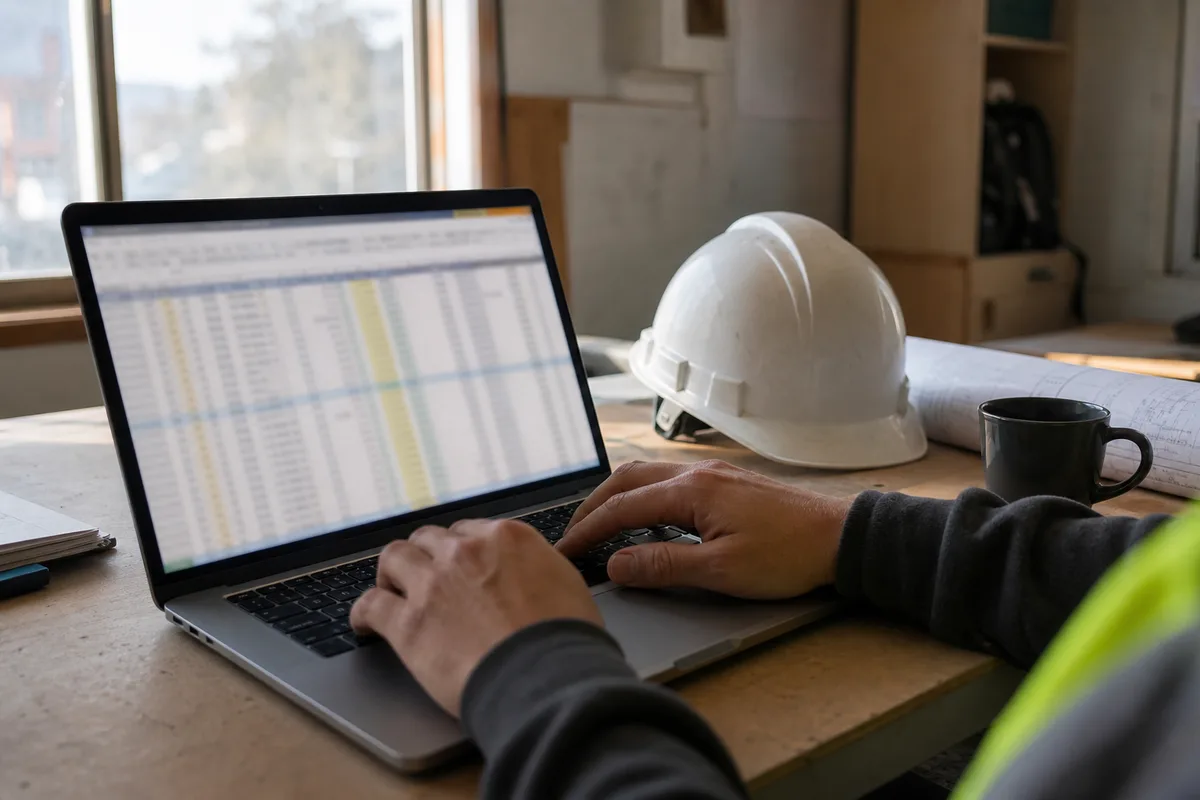 Dirigeant d’entreprise du bâtiment consultant un tableau de tarifs d’assurance sur un ordinateur portable dans un bureau de chantier