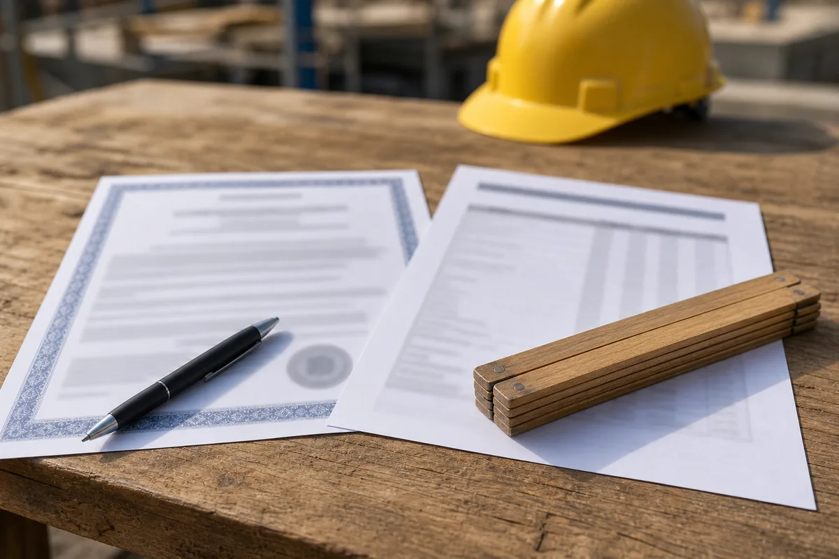 Gros plan sur une attestation d’assurance décennale et un devis de travaux posés sur une table de chantier