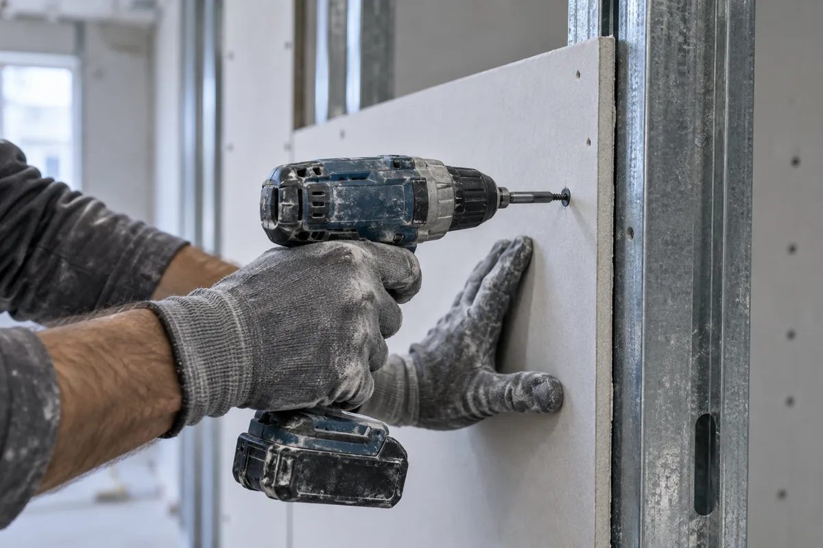 Mains d&rsquo;un artisan vissant une seconde plaque de plâtre sur une ossature