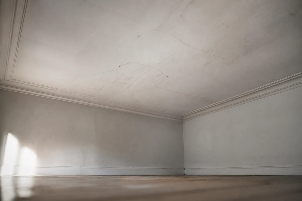 Plafond d’un appartement ancien avant travaux d’isolation, lumière rasante du matin