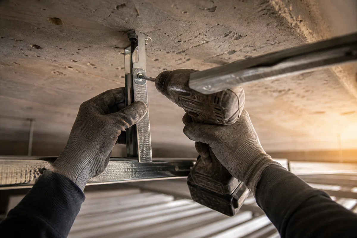 Pose de suspentes et de fourrures métalliques sous une dalle béton, mains gantées d’un artisan