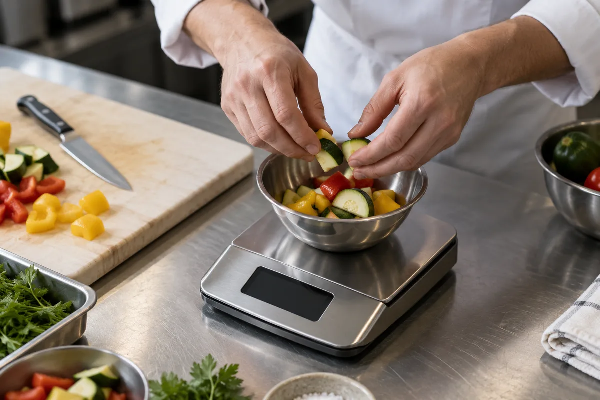 Mains d&rsquo;un cuisinier pesant une portion sur une balance posée sur un plan de travail en inox