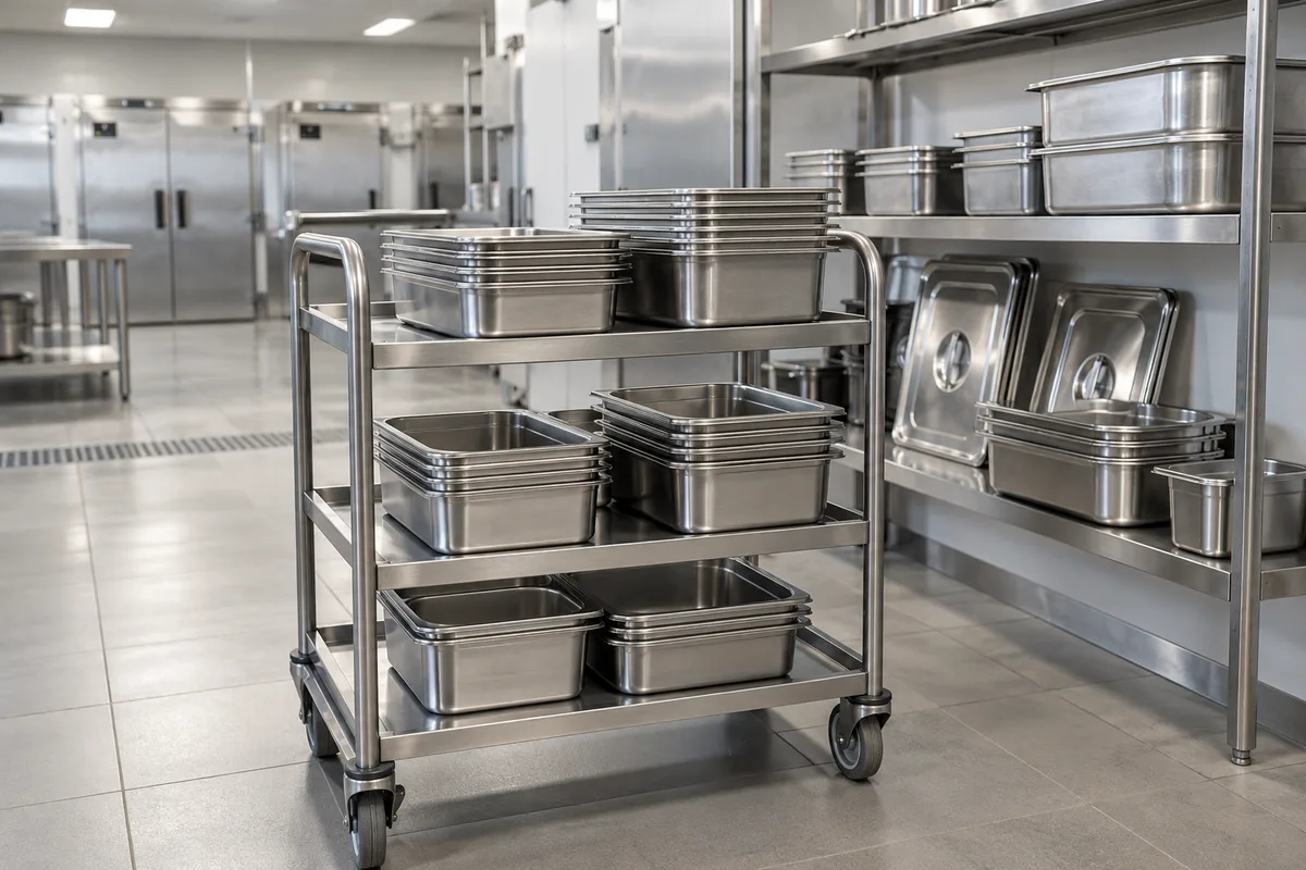 Bacs gastro en inox empilés sur un chariot dans une cuisine de production vide et propre