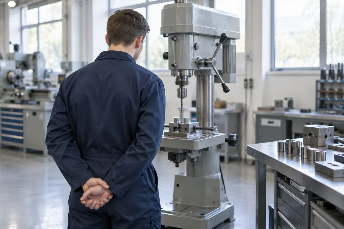 Apprenti vu de dos en tenue de travail bleu marine observant une machine d’atelier