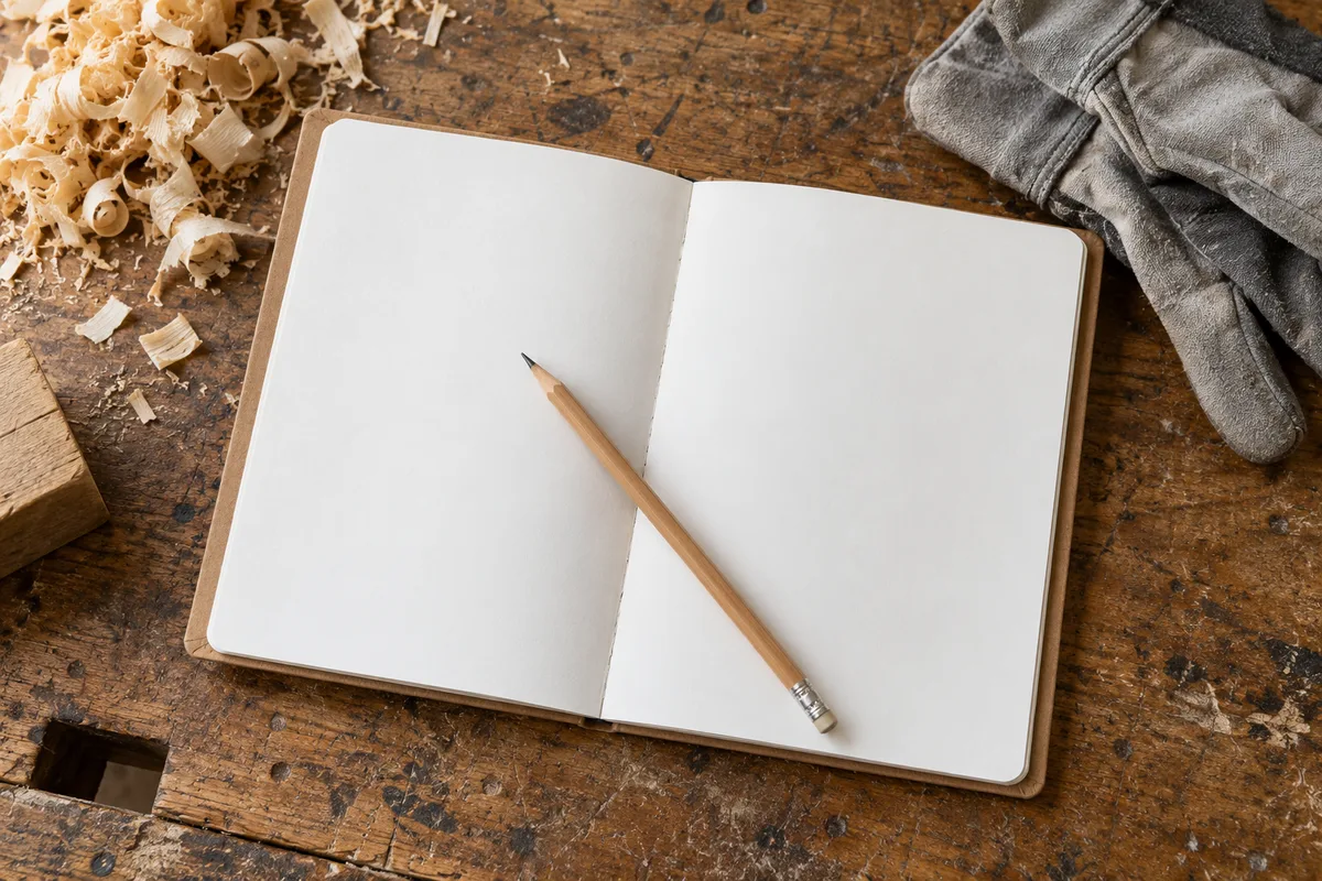 Carnet ouvert aux pages blanches et crayon posés sur un établi en bois