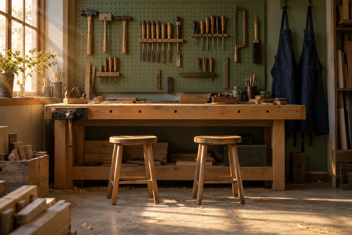 Deux tabourets côte à côte devant un établi d’atelier en fin de journée
