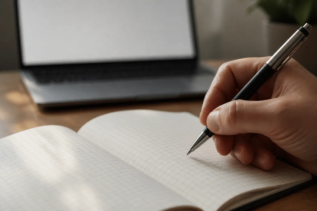 Main tenant un stylo au-dessus d’un carnet quadrillé posé près d’un ordinateur portable ouvert sur un bureau clair
