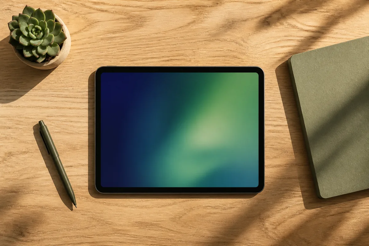 Vue de dessus d’une tablette posée à plat près d’un carnet fermé et d’un stylo sur un plan de travail en bois, lumière rasante de fin d’après-midi