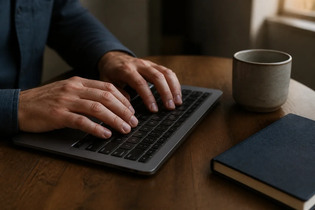 Mains posées sur le clavier d’un ordinateur portable près d’une tasse, l’écran restant hors du cadre, lumière douce venant d’une fenêtre latérale