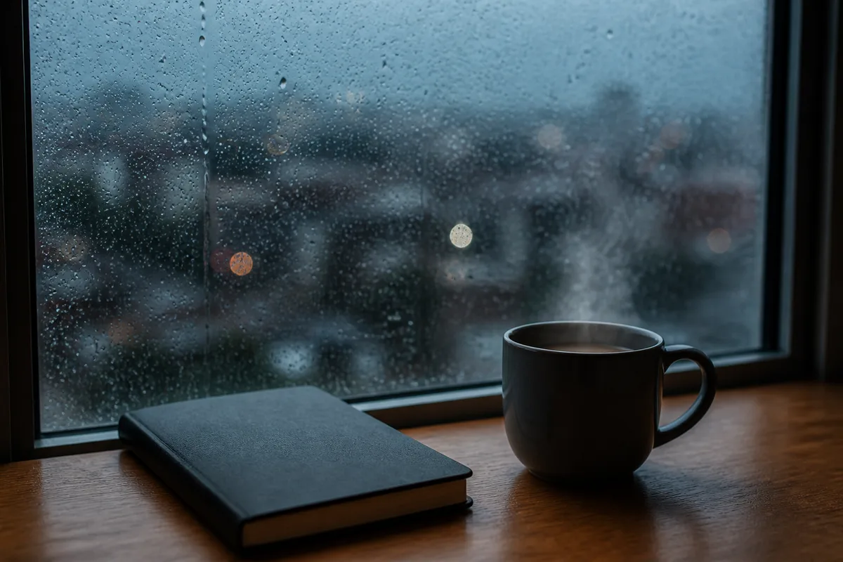 Fenêtre de bureau vue de l’intérieur avec des gouttes de pluie sur la vitre, un carnet fermé et une tasse posés sur le plan de travail au premier plan