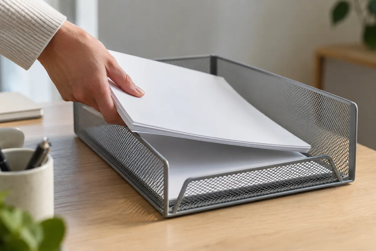 Main rangeant des factures retournées dans une bannette de bureau
