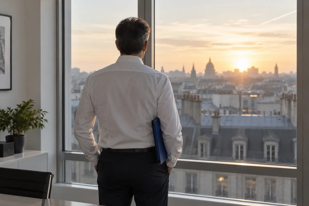 Dirigeant vu de dos devant une fenêtre, un classeur fermé sous le bras